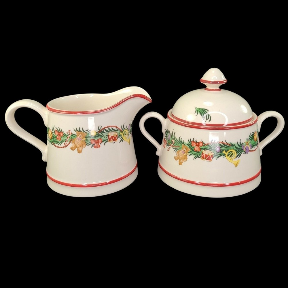 Spode Christmas Memories Creamer Sugar Bowl With Lid‎ Set England Discon Vintage
